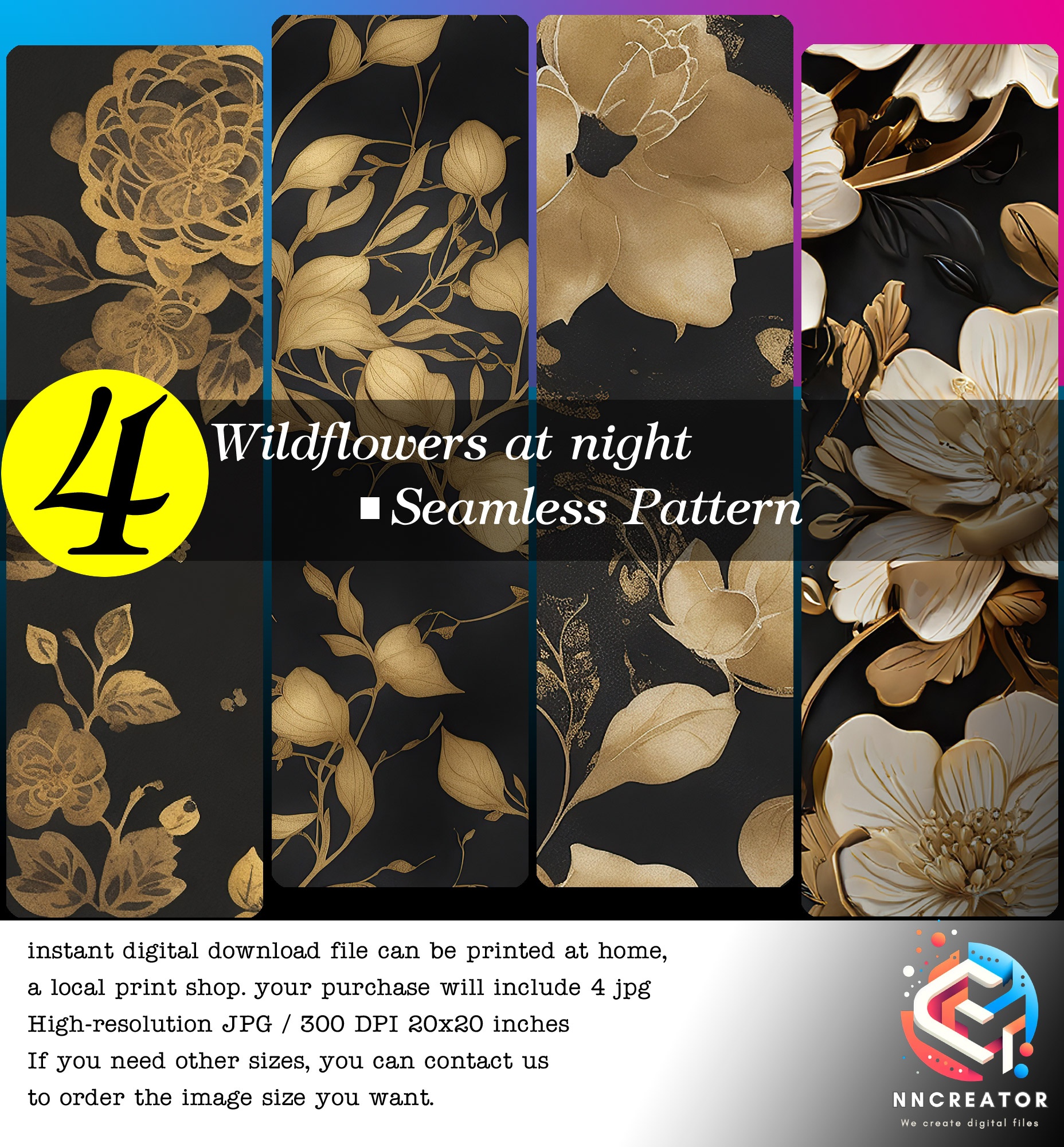 Wild flowers Seamless patterns on the night